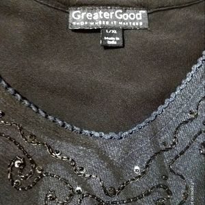 Greater Good black sequin tunic with butterflies and polka dots.